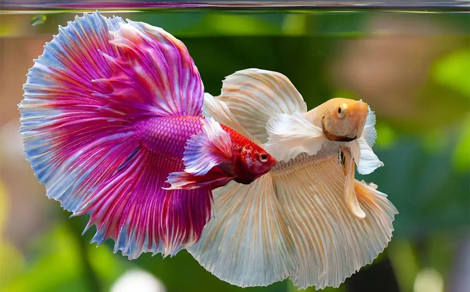 Dos peces Betta nadando juntos.